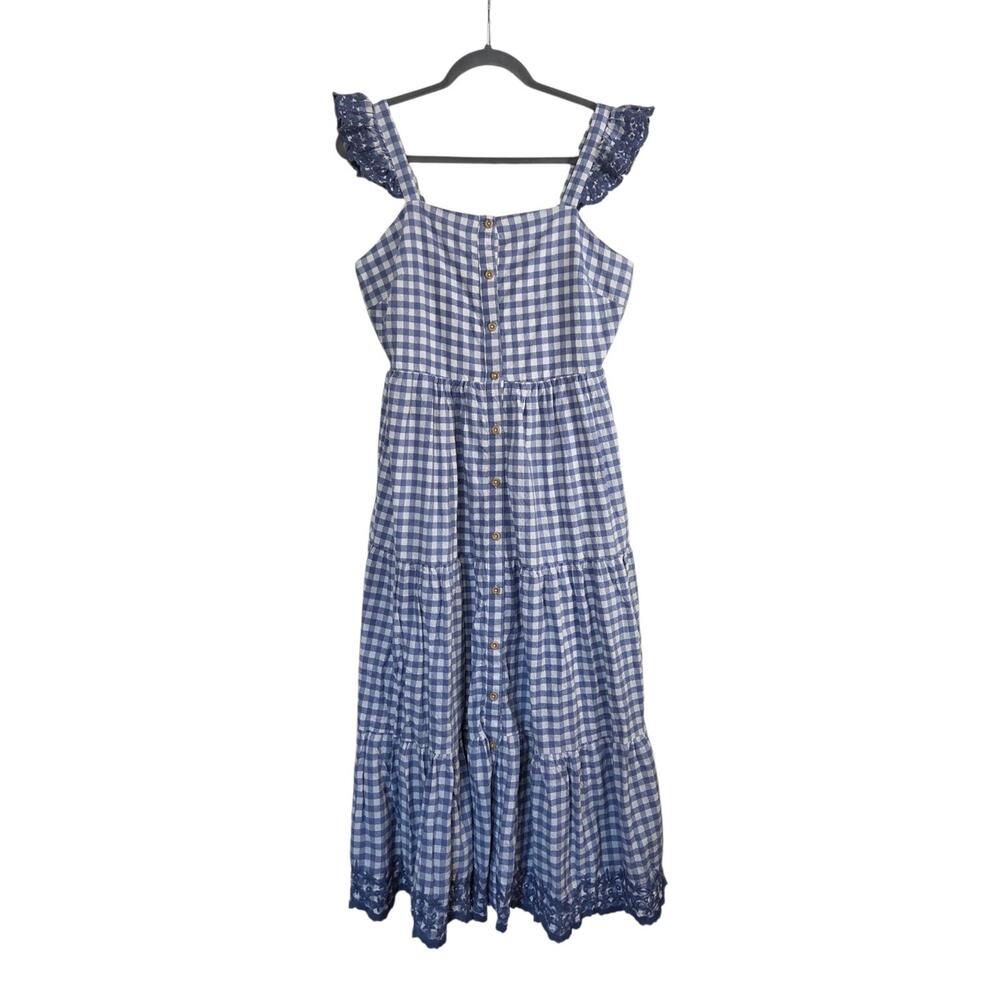 Shabby Chic Blue White Gingham Tiered Cottagecore Maxi Dress, Women's Size 8
